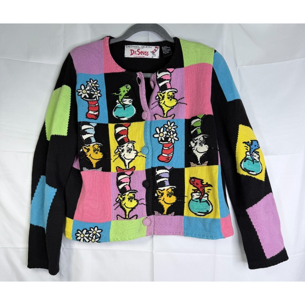 Vintage Michael Simon Dr Seuss 2000 Cat in the Hat Cardigan Size S Colorblock